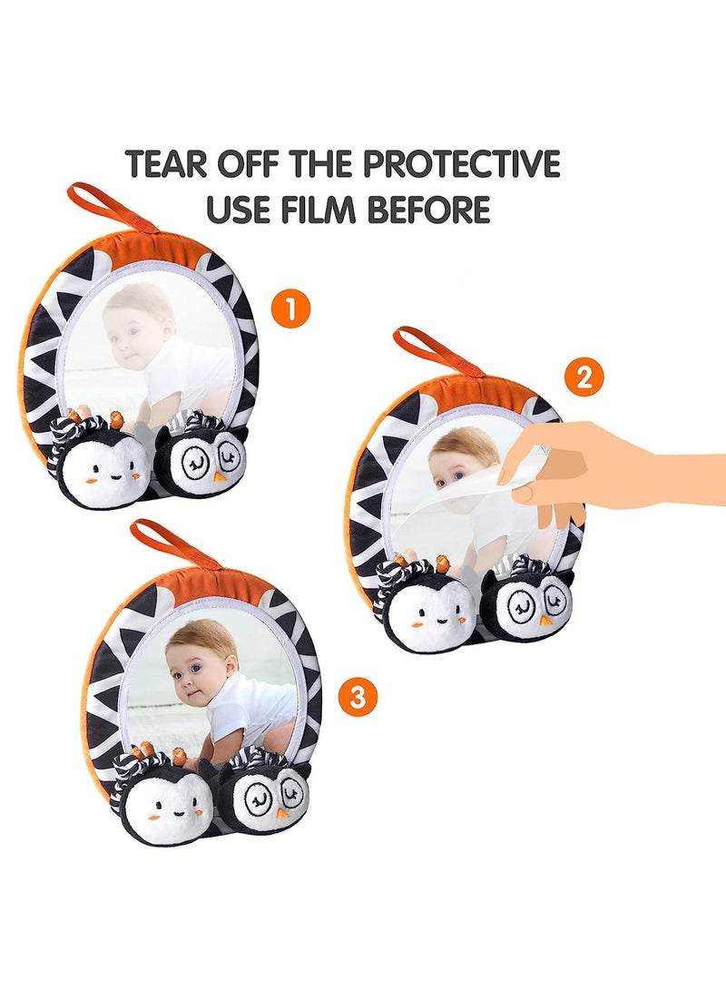 Baby Hanging Toys Gift Set Mirror Black and White Plush Rattles Rings and Crinkle Cloth Book for Pram Car Seat Activity Stroller Hanging Toy for 3 6 9 12 Months Newborn Boys Girls Kids (4 Pcs)