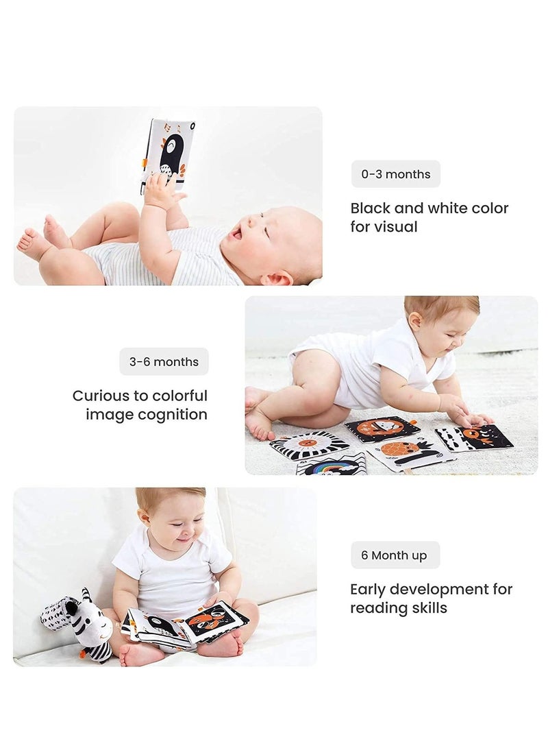 Baby Hanging Toys Gift Set Mirror Black and White Plush Rattles Rings and Crinkle Cloth Book for Pram Car Seat Activity Stroller Hanging Toy for 3 6 9 12 Months Newborn Boys Girls Kids (4 Pcs)