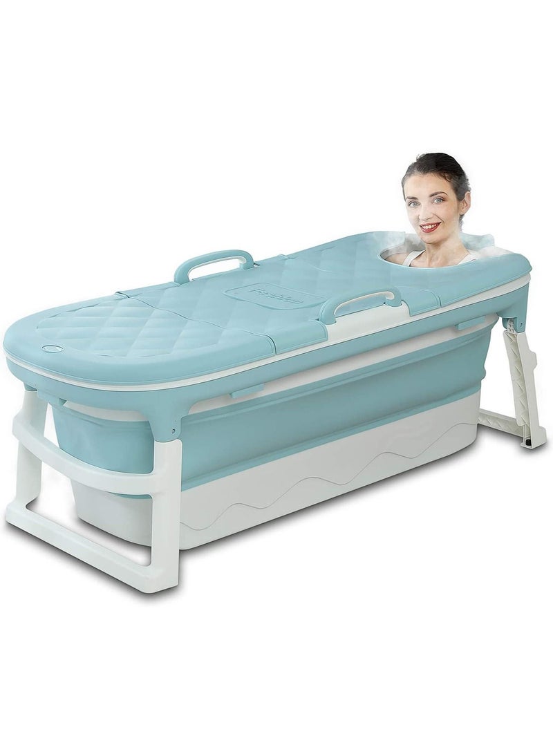 Portable Bathtub For Adults, Foldable Children Tub Household Bath Basin, Constant Temperature with Cover Blue