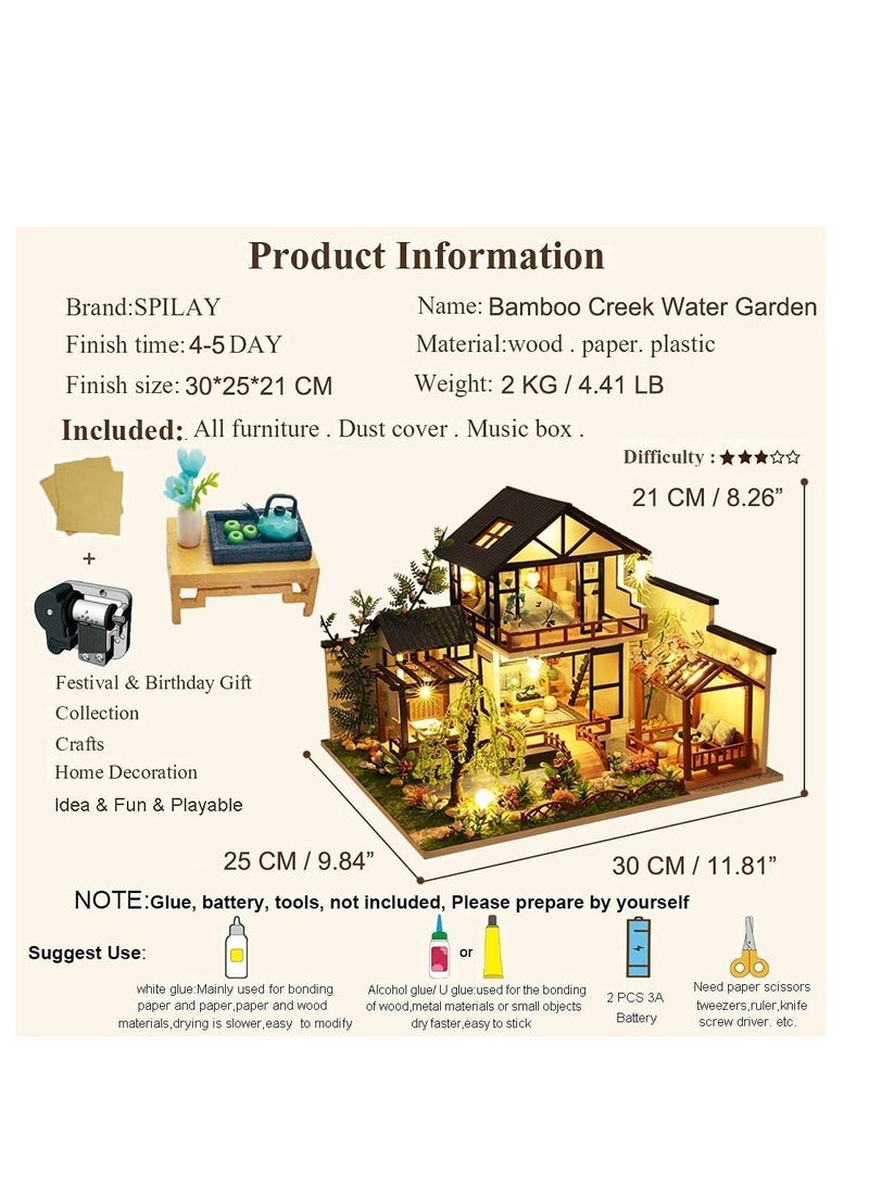 DIY Dollhouse Miniature with Wooden Furniture Kit,Handmade Mini Home Craft Dust Cover & Music Box ,1:24 Toys for Teens Adult Gift (Bamboo Creek Water Garden dust Box)