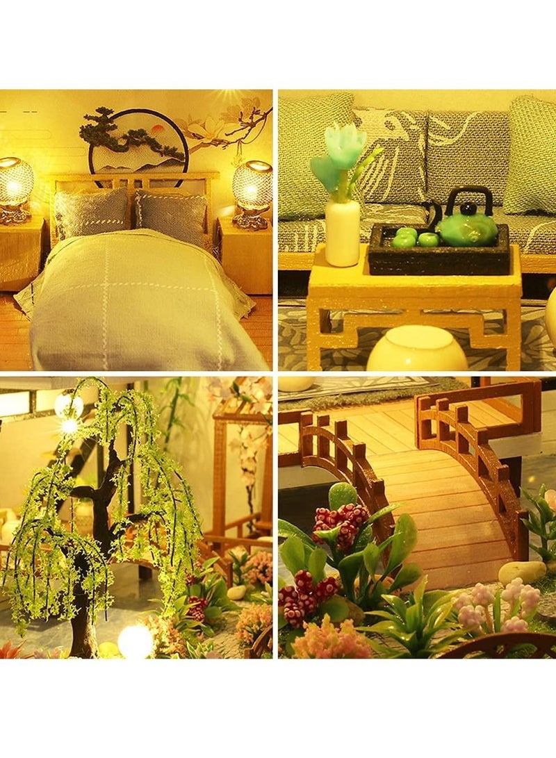 DIY Dollhouse Miniature with Wooden Furniture Kit,Handmade Mini Home Craft Dust Cover & Music Box ,1:24 Toys for Teens Adult Gift (Bamboo Creek Water Garden dust Box)