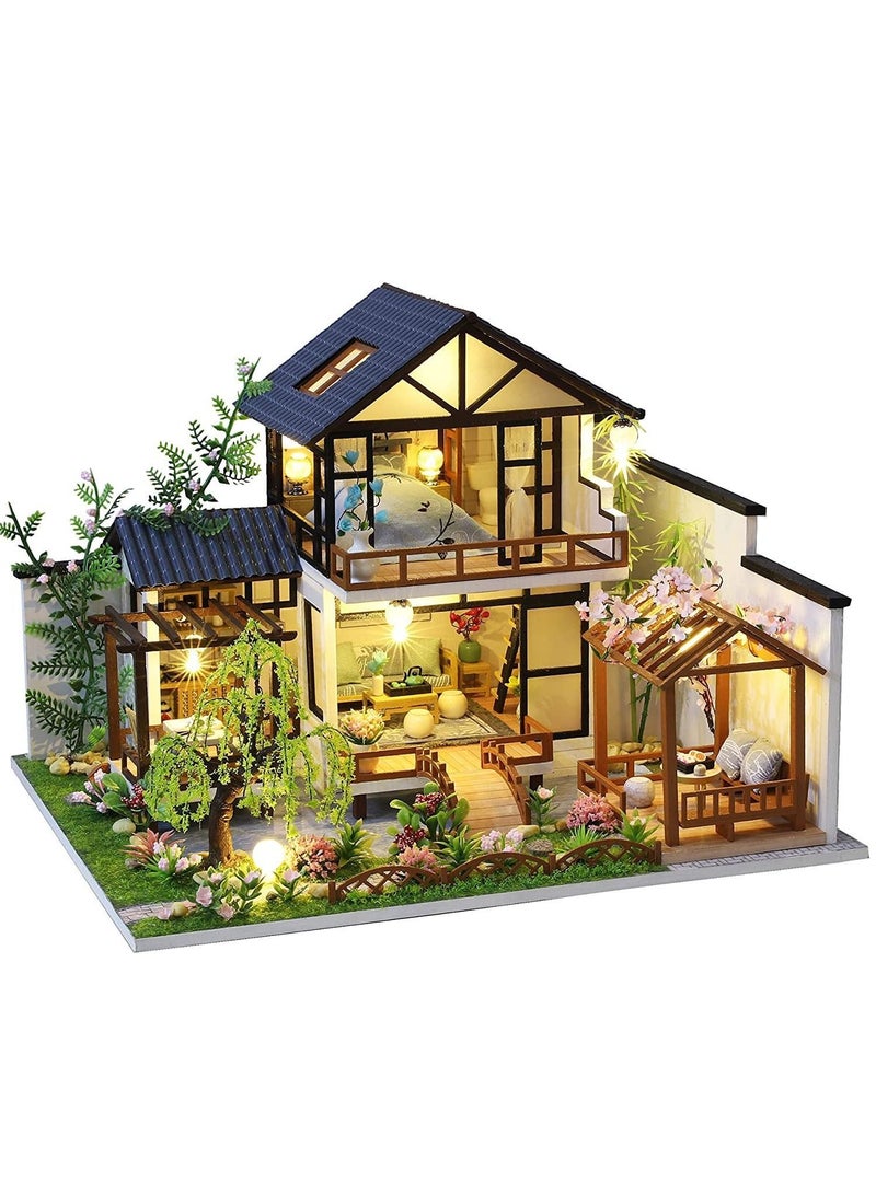DIY Dollhouse Miniature with Wooden Furniture Kit,Handmade Mini Home Craft Dust Cover & Music Box ,1:24 Toys for Teens Adult Gift (Bamboo Creek Water Garden dust Box)