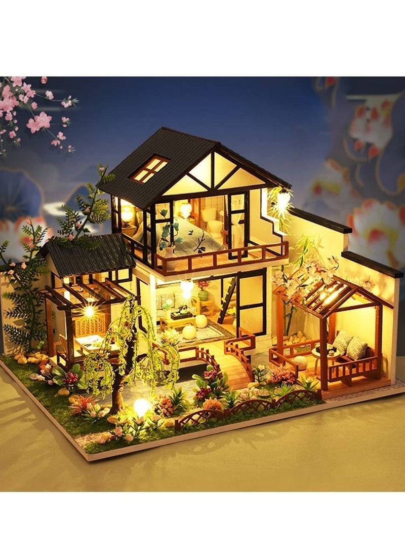 DIY Dollhouse Miniature with Wooden Furniture Kit,Handmade Mini Home Craft Dust Cover & Music Box ,1:24 Toys for Teens Adult Gift (Bamboo Creek Water Garden dust Box)