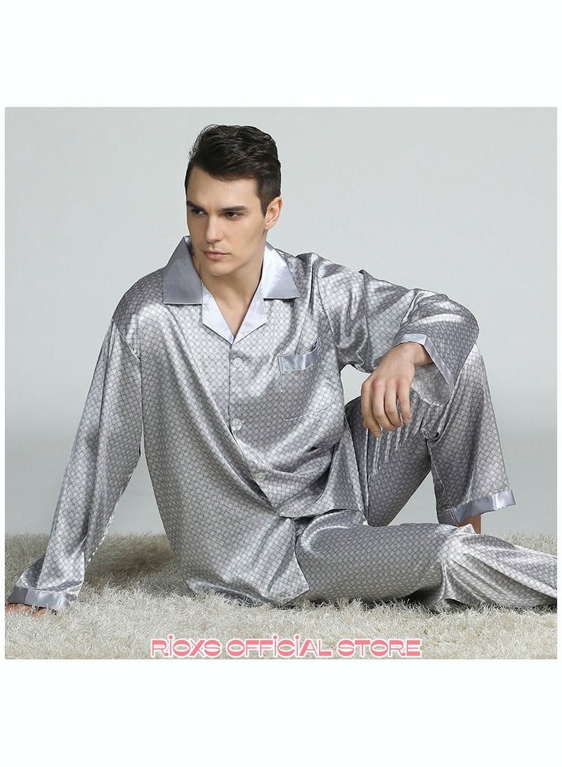 Men's 2 Pcs Satin Pajamas Set Silk Long Sleeve Top And Pants Button Up Sleepwear Classic Loungewear Nightwear Pajamas Set