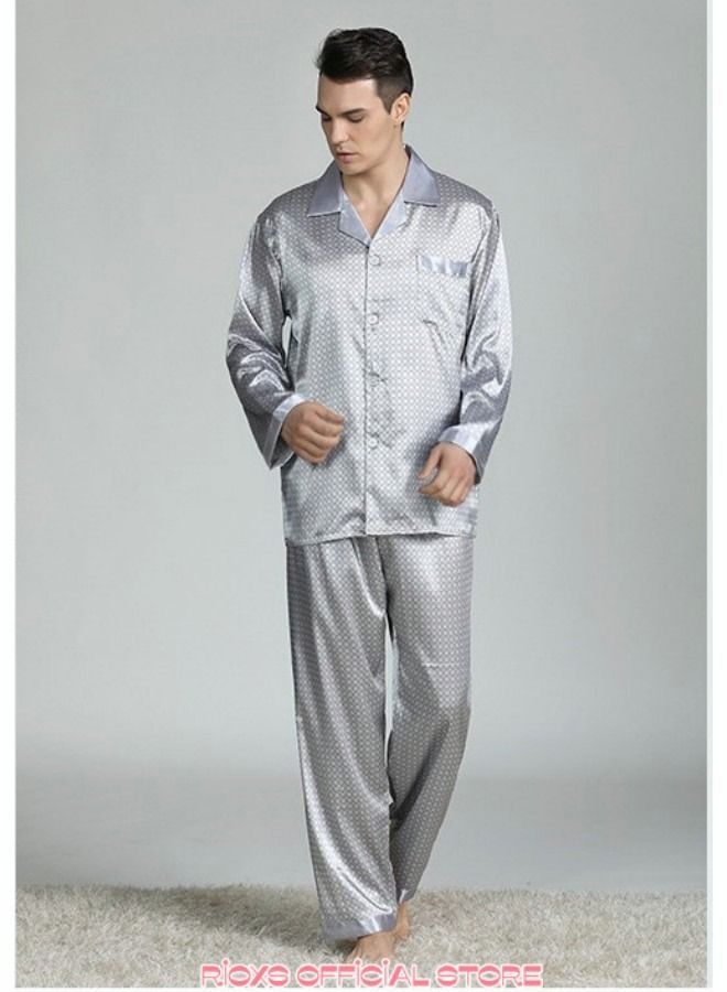 Men's 2 Pcs Satin Pajamas Set Silk Long Sleeve Top And Pants Button Up Sleepwear Classic Loungewear Nightwear Pajamas Set