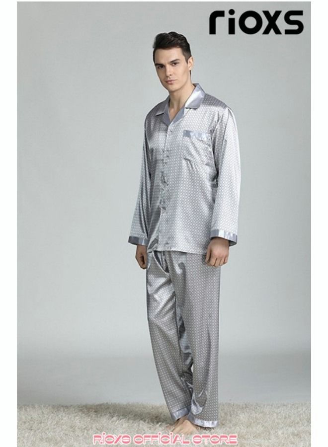 Men's 2 Pcs Satin Pajamas Set Silk Long Sleeve Top And Pants Button Up Sleepwear Classic Loungewear Nightwear Pajamas Set