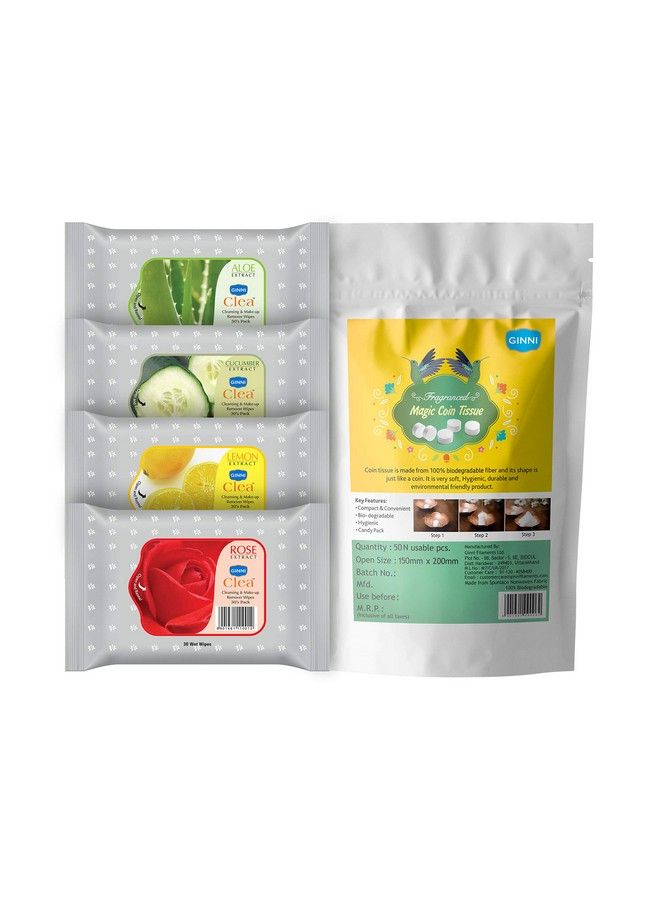 Clea Cleansing Makeup Remover Wipes Pack Of 4 (30 Wipes Per Pack) & 50 Coin Tissue (Clea 30 (Roselemonaloeveracucumber)