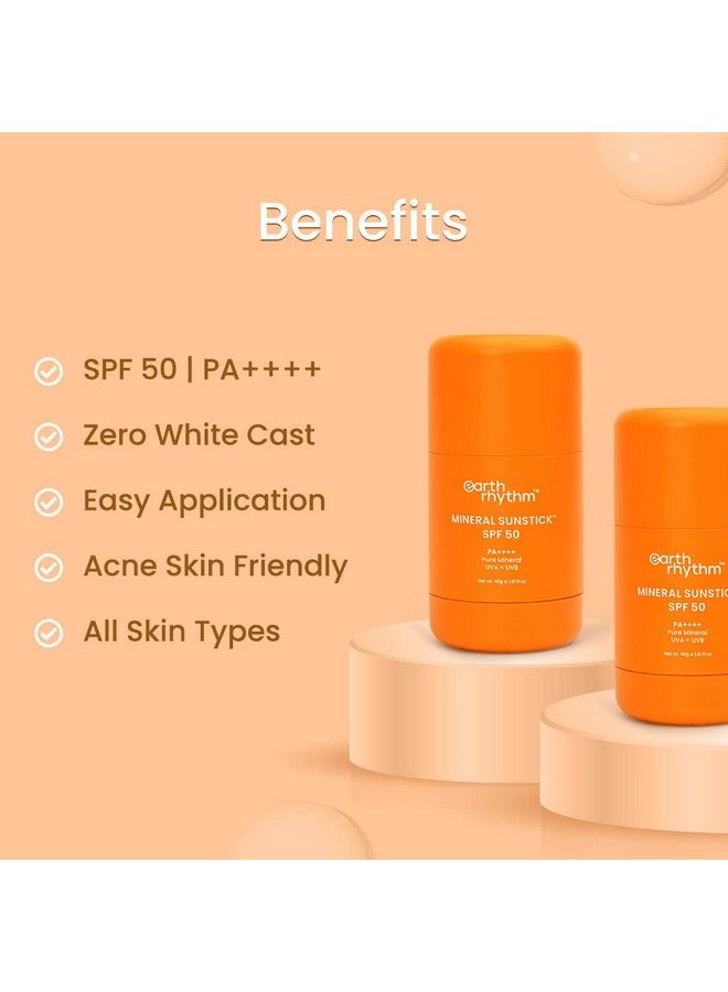 Sunstick Spf 50 Mineral Sunscreen Pa+++ ; Zero White Cast Water Resistant Acne Skin Friendly ; Uva Uvb Broad Spectrum Protection ; Men & Women 40 Grams