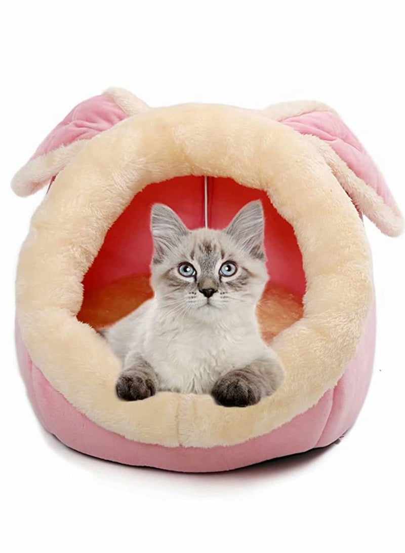 Cat Beds for Indoor Cats, Warm Foldable House with Ball Hanging, Anti-Slip Bottom, Removable Cotton Pad, Super Soft Calming Pet Sofa Bed, Improved Sleep, Kitten Play (Pink Small)