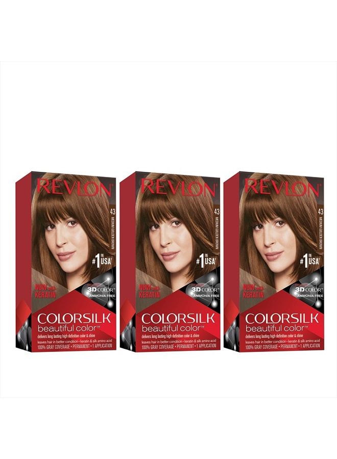 Permanent Hair Color by Revlon, Permanent Hair Dye, Colorsilk with 100% Gray Coverage, Ammonia-Free, Keratin and Amino Acids, 43 Medium Golden Brown, 4.4 Oz (Pack of 3)