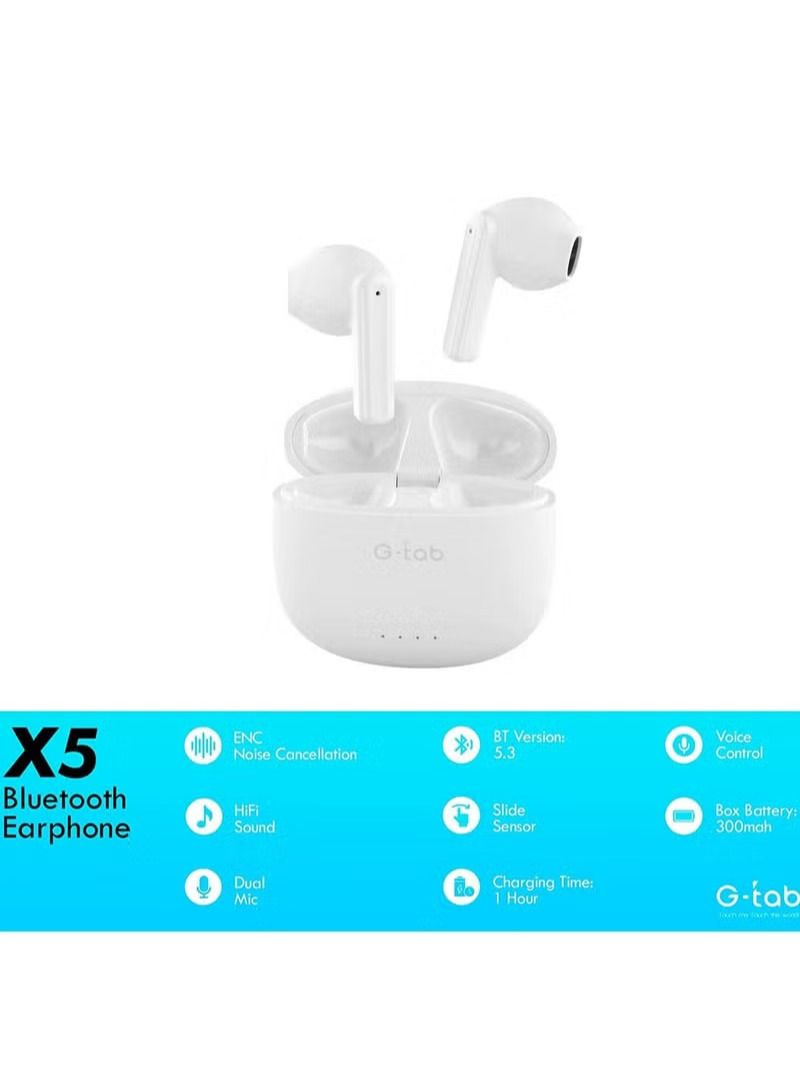 G tab Wireless Earbuds X5 Bluetooth V5.3 Wireless Headset Earphones with Dual Mic Noice Cancelation White/Black