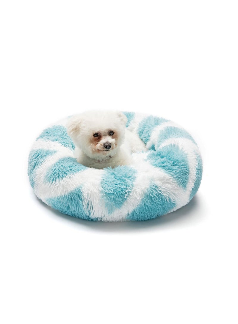 Round Calming Dog Bed for Medium Dogs Donut Cat Beds Washable Soft Fluffy Warming Pet Sleep Bed, Non Slip Bottom 24'' Blue White Grid