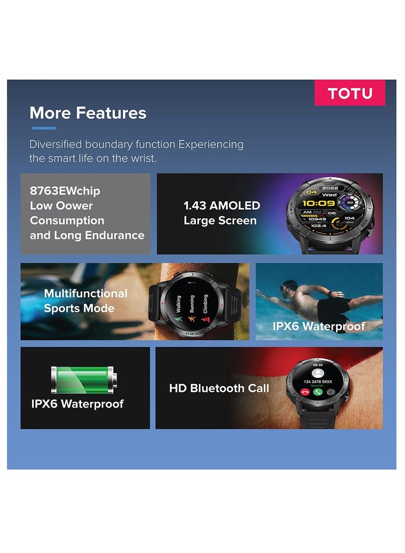 Smart Watch 1.43-inch full touch screen with 400 mAh battery capacity BT Call Fitness Tracker IP68 Waterproof Black