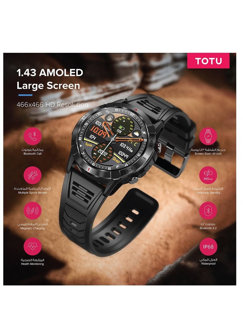 Smart Watch 1.43-inch full touch screen with 400 mAh battery capacity BT Call Fitness Tracker IP68 Waterproof Black