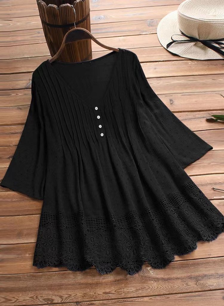 Women's New Jacquard Pleated Lace Hollowed Out V-Neck Blouse