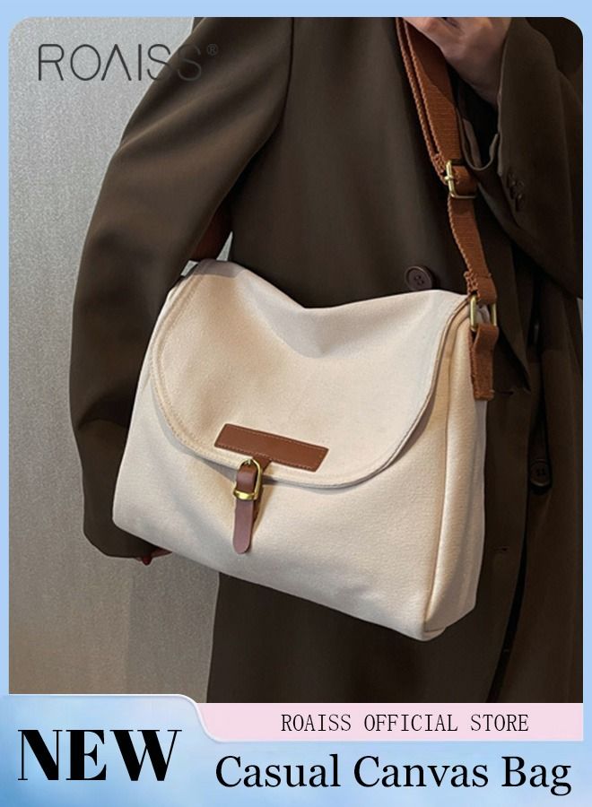 Women's Canvas Bag Large Capacity One Shoulder Messenger Tote Bag Casual Solid Color Versatile Work Commuting for Ladies Girls College Students
