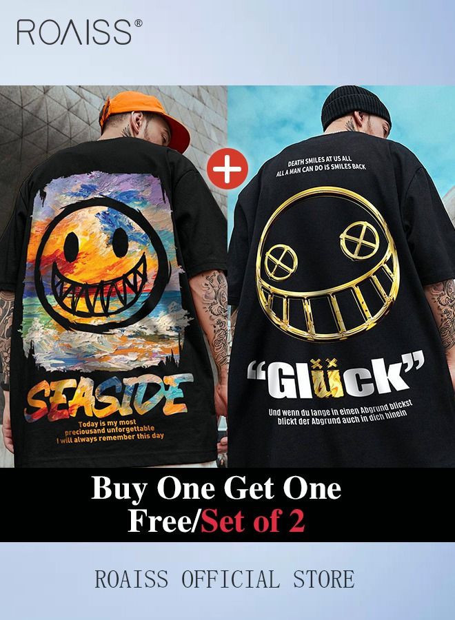 2Pcs Men's T-shirt Loose Version Trendy All-Match Pattern Printing Short Sleeves