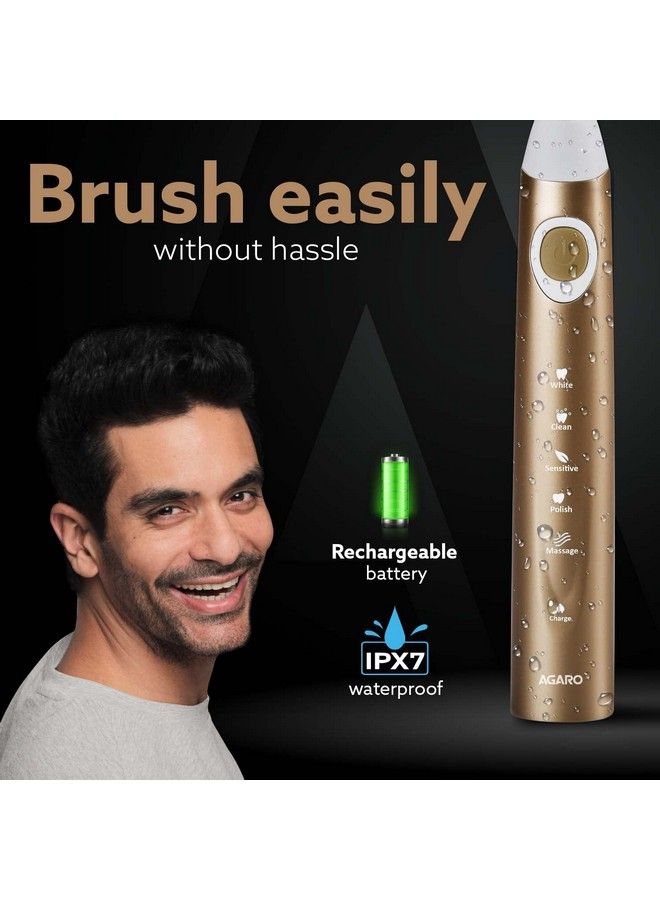 Cosmic Plus Max Sonic Electric Tooth Brush For Adults With 5 Modes7 Brush Heads1 Interdental Headcarry Case And Rechargeable With 4 Hours Charge Lasting Up To 25 Days Power Toothbrushchampagne Gold