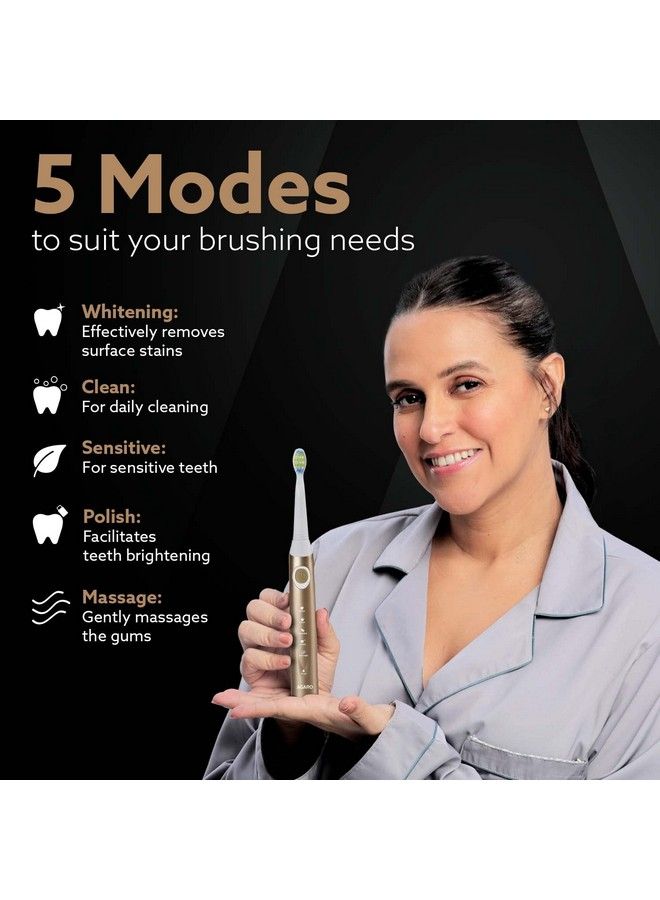 Cosmic Plus Max Sonic Electric Tooth Brush For Adults With 5 Modes7 Brush Heads1 Interdental Headcarry Case And Rechargeable With 4 Hours Charge Lasting Up To 25 Days Power Toothbrushchampagne Gold