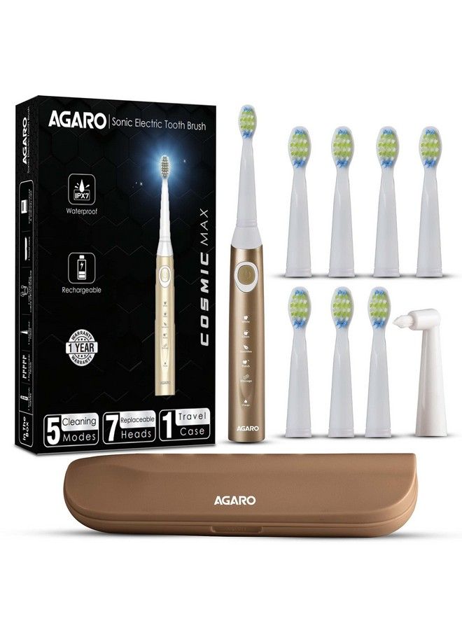 Cosmic Plus Max Sonic Electric Tooth Brush For Adults With 5 Modes7 Brush Heads1 Interdental Headcarry Case And Rechargeable With 4 Hours Charge Lasting Up To 25 Days Power Toothbrushchampagne Gold