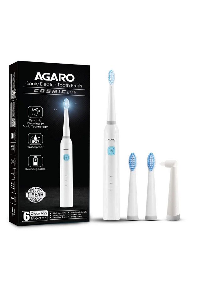 Cosmic Lite Sonic Electric Toothbrush For Adults With 6 Modes 3 Brush Heads 1 Interdental Head And Rechargeable With 3.5 Hours Charge Lasting Up To 25 Days Power Toothbrush (White)