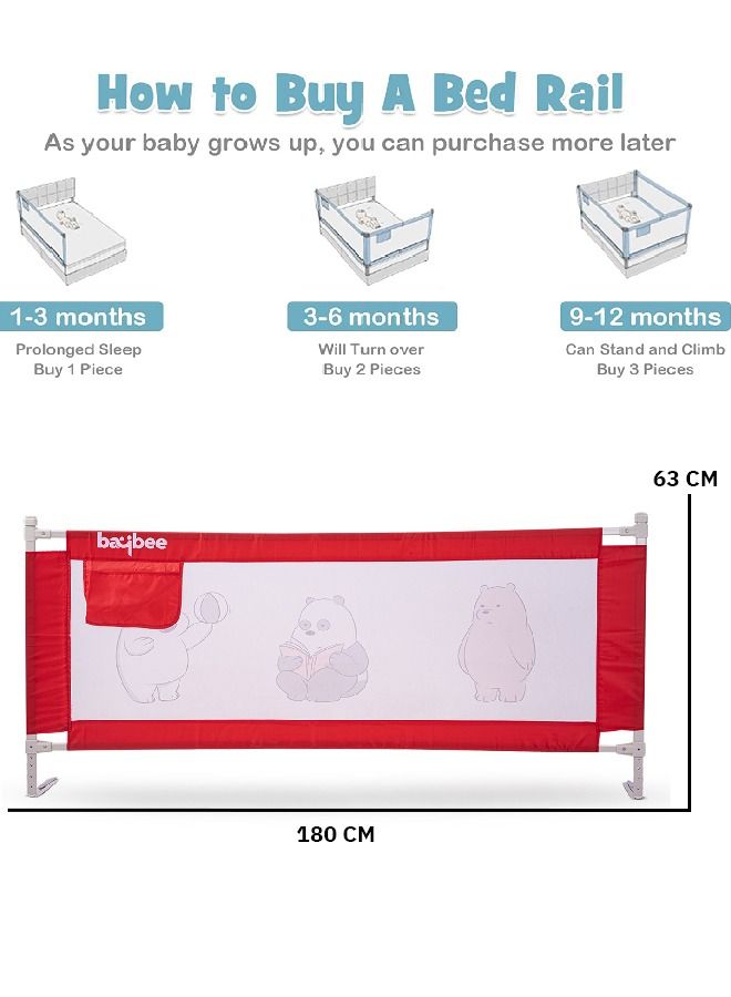 Baybee Bed Rail Guard Barrier for Baby Portable Safety Foldable Adjustable Height Falling Protector Fence Bedrail Single Side for Toddler 180 x 63cm Red