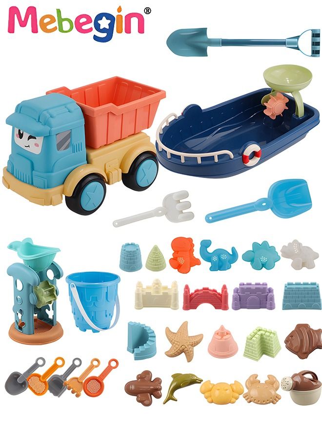 32 Pieces Beach Toys with Sand Bucket Hourglass Dump Truck and Shovels Sand Molds Kids Beach Toys Beach Sand Pails for Beach Travel, Sand Toys Outdoor Tool Kit for Kids for Kids and Toddlers