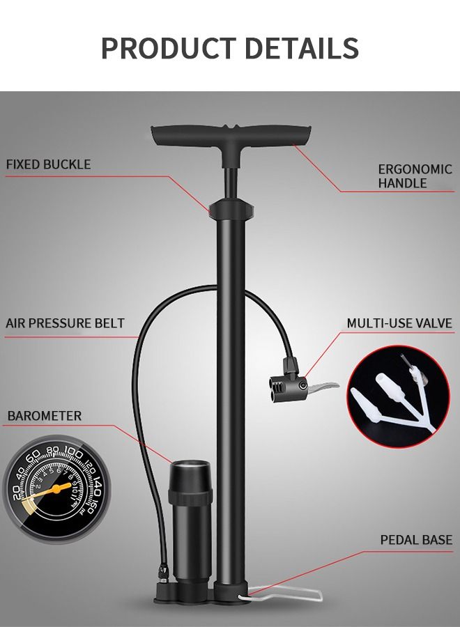 Bike Pump with Gauge - Portable Bicycle Tire Pump - 160 PSI Bike Air Pump，Multi-function Air Pump for Basketball/Football/Motorcycles/Car