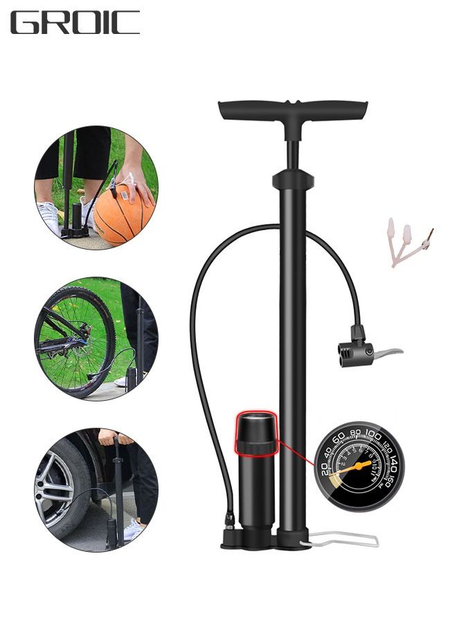 Bike Pump with Gauge - Portable Bicycle Tire Pump - 160 PSI Bike Air Pump，Multi-function Air Pump for Basketball/Football/Motorcycles/Car