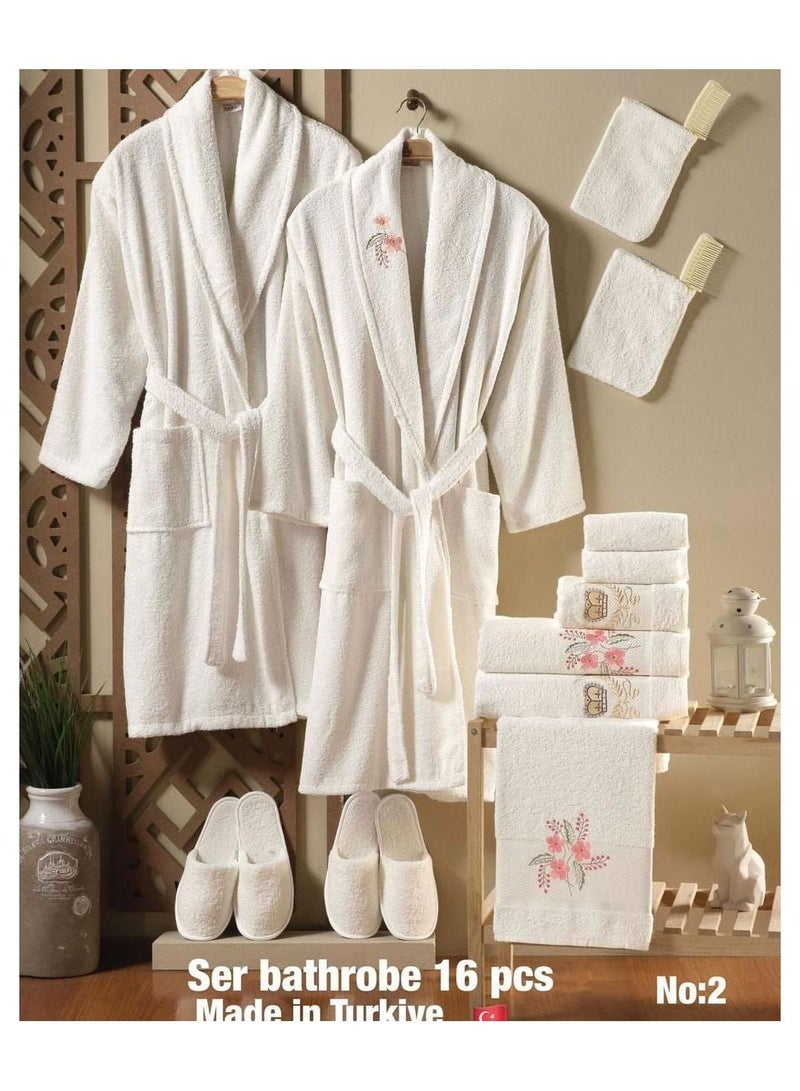 16-Piece Turkish Terry Cotton Couple/Family Bathrobe Set Bridal Shower Gift Set with Matching Bath Sheets and Hand Towels