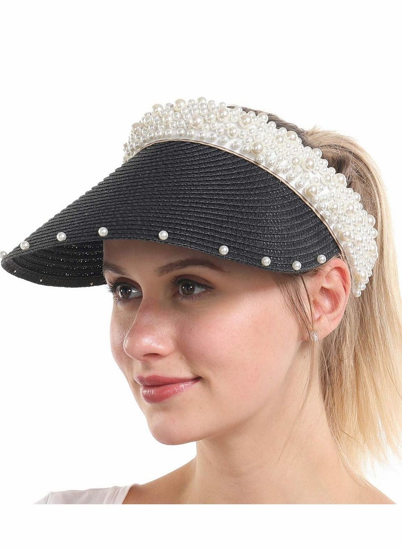 Sun Visor Hats for Women Girls Wide Brim Bowknot Pearl Straw Roll Up Ponytail Summer Beach Hat UV UPF Packable Foldable Travel, Black