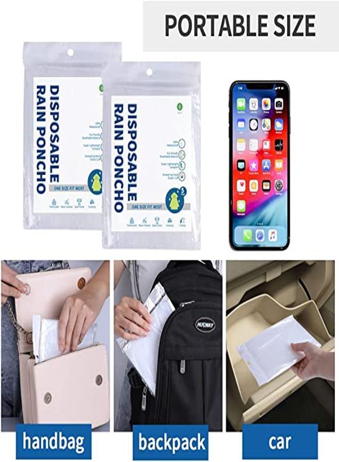 Disposable Rain Ponchos for Adult, 5Pcs Clear Coat Jacket with Drawstring Hood and Elastic Sleeve Women Men, Travel Outdoor Amusement Park Hiking Emergency Poncho (White)