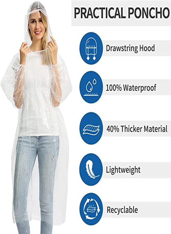 Disposable Rain Ponchos for Adult, 5Pcs Clear Coat Jacket with Drawstring Hood and Elastic Sleeve Women Men, Travel Outdoor Amusement Park Hiking Emergency Poncho (White)