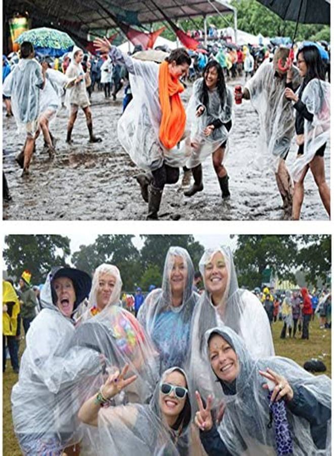 Disposable Rain Ponchos for Adult, 5Pcs Clear Coat Jacket with Drawstring Hood and Elastic Sleeve Women Men, Travel Outdoor Amusement Park Hiking Emergency Poncho (White)