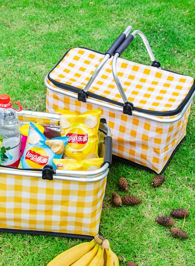 30L Large Picnic Basket Shopping Travel Camping Grocery Bags,Insulated Picnic Basket,Leak-Proof Collapsible Cooler Bag,Grocery Basket with Lid and 2 Sturdy Handles,Camping Supplies