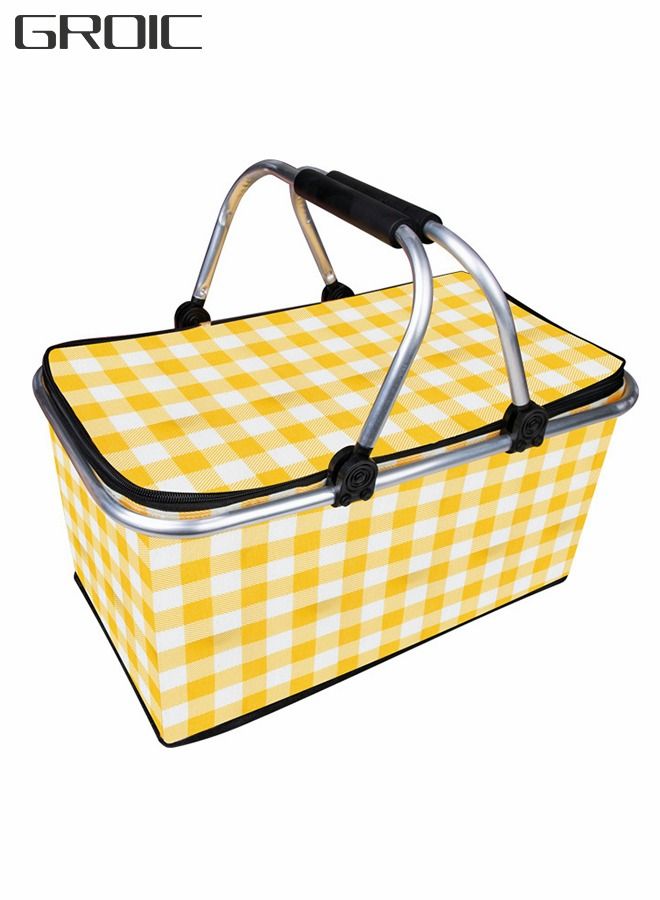 30L Large Picnic Basket Shopping Travel Camping Grocery Bags,Insulated Picnic Basket,Leak-Proof Collapsible Cooler Bag,Grocery Basket with Lid and 2 Sturdy Handles,Camping Supplies