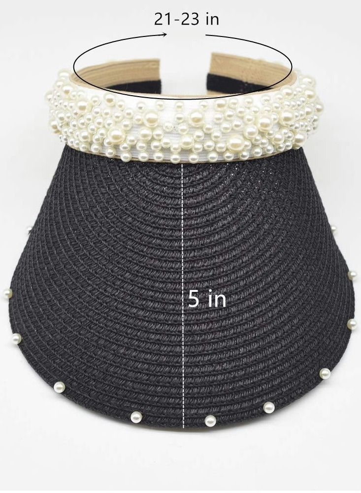 Sun Visor Hats for Women Girls Wide Brim Bowknot Pearl Straw Roll Up Ponytail Summer Beach Hat UV UPF Packable Foldable Travel, Black