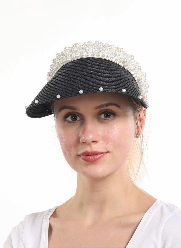 Sun Visor Hats for Women Girls Wide Brim Bowknot Pearl Straw Roll Up Ponytail Summer Beach Hat UV UPF Packable Foldable Travel, Black