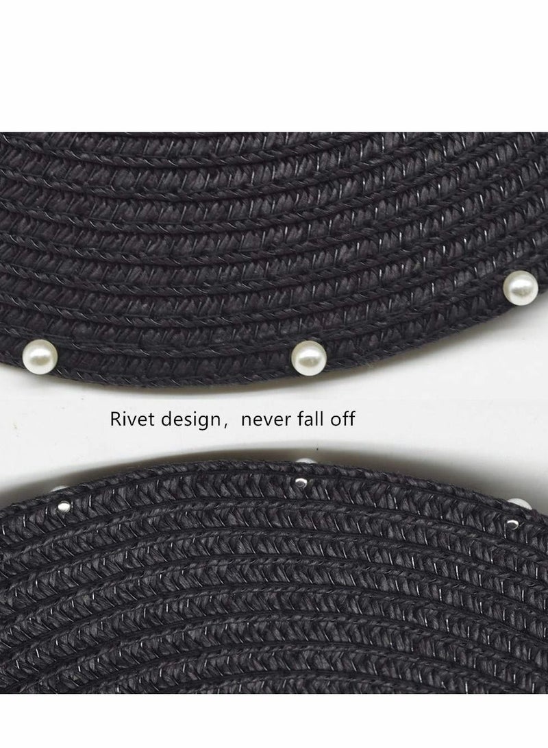 Sun Visor Hats for Women Girls Wide Brim Bowknot Pearl Straw Roll Up Ponytail Summer Beach Hat UV UPF Packable Foldable Travel, Black