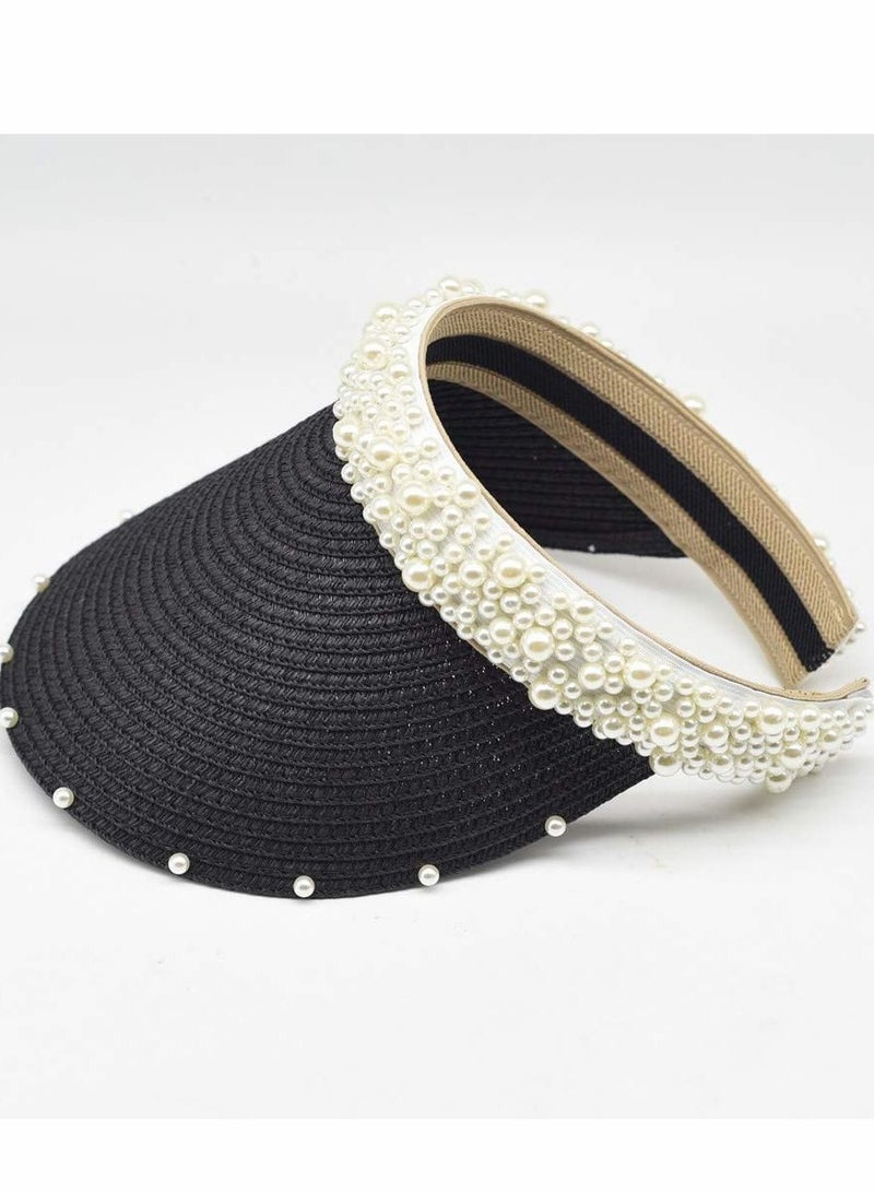 Sun Visor Hats for Women Girls Wide Brim Bowknot Pearl Straw Roll Up Ponytail Summer Beach Hat UV UPF Packable Foldable Travel, Black