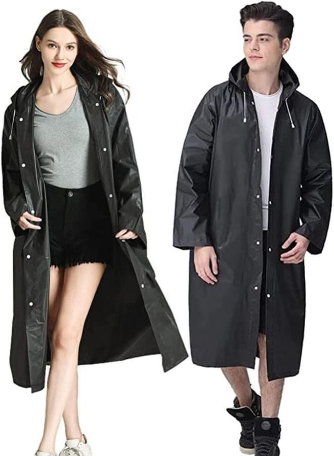 Rain Coats for Adults Reusable, 1Pcs Thickened Transparent Light Raincoat with Hood and Elastic Cuff Sleeves, EVA Ponchos Jackets Raincoats Men Women, Family Fishing Travel (Black)