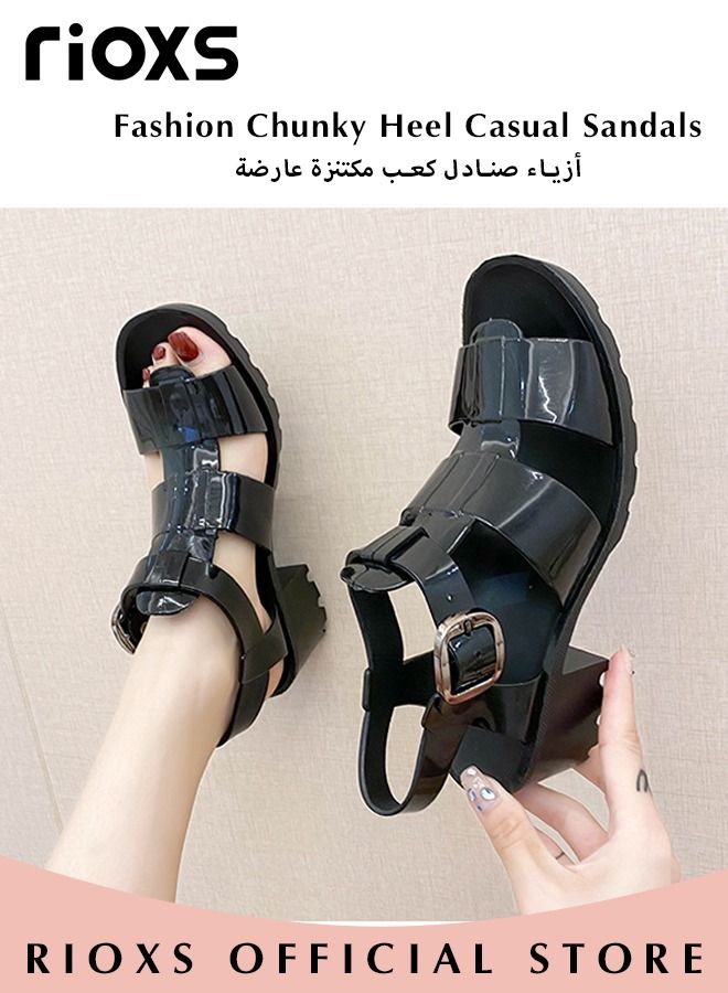 Women's Fashion Chunky Heel Casual Sandals Hollow Roman Sandals Open Round Toe Ankle Buckle Lightweight Sandals