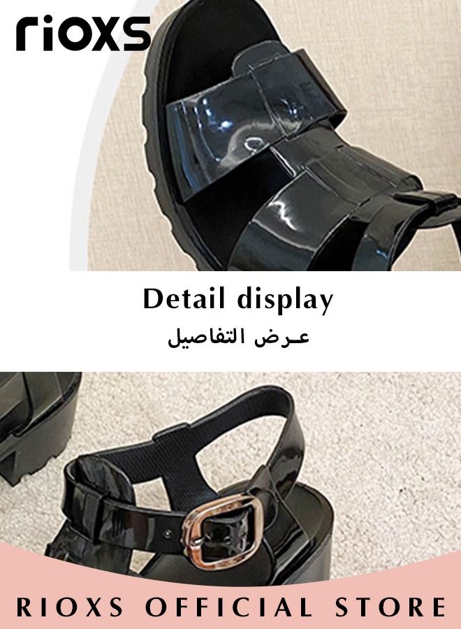 Women's Fashion Chunky Heel Casual Sandals Hollow Roman Sandals Open Round Toe Ankle Buckle Lightweight Sandals