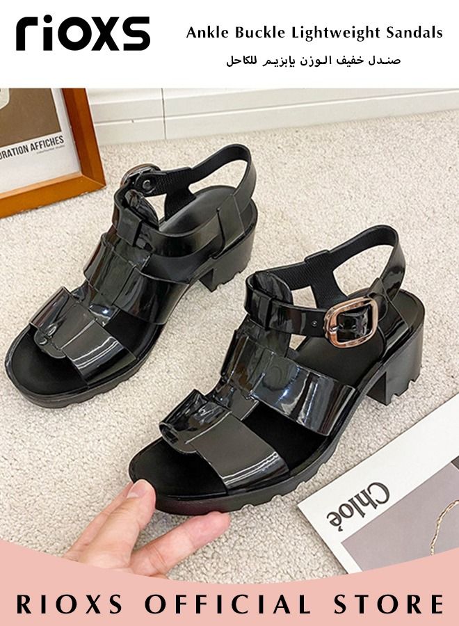 Women's Fashion Chunky Heel Casual Sandals Hollow Roman Sandals Open Round Toe Ankle Buckle Lightweight Sandals