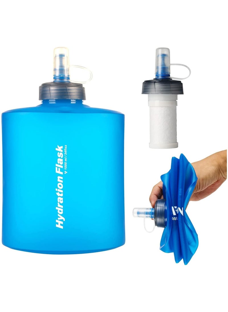 SYOSI Collapsible Water Bottle, with Filter and Leak-proof Valve, for Outdoor Activities, 1000ml, Blue