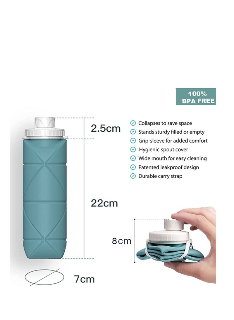 SPECIAL MADE Collapsible Water Bottles Leakproof Valve Reusable BPA Free Silicone Foldable Travel Bottle for Gym Camping Hiking Sports Lightweight Durable 600ML Dark Green