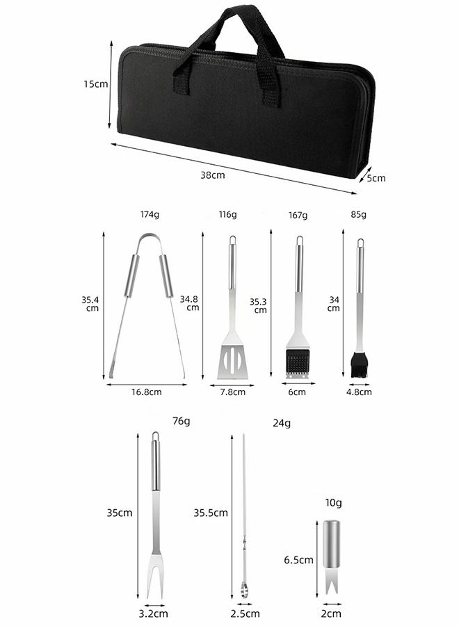 18-piece BBQ tool set with extra thick stainless steel fork, spatula, oil brush or tongs Complete set of BBQ accessories in a carrying pouch