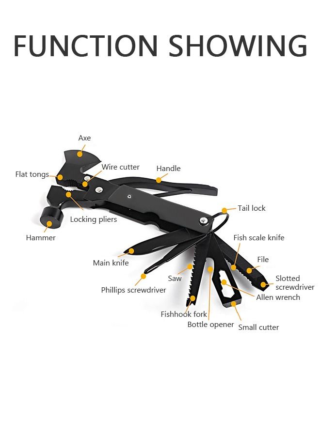 Multifunctional Camping Hammer Axe Hiking Emergency Survival Multitool 16 in 1 with Folding Mini Knife Saw Screwdrivers Hatchet Plier