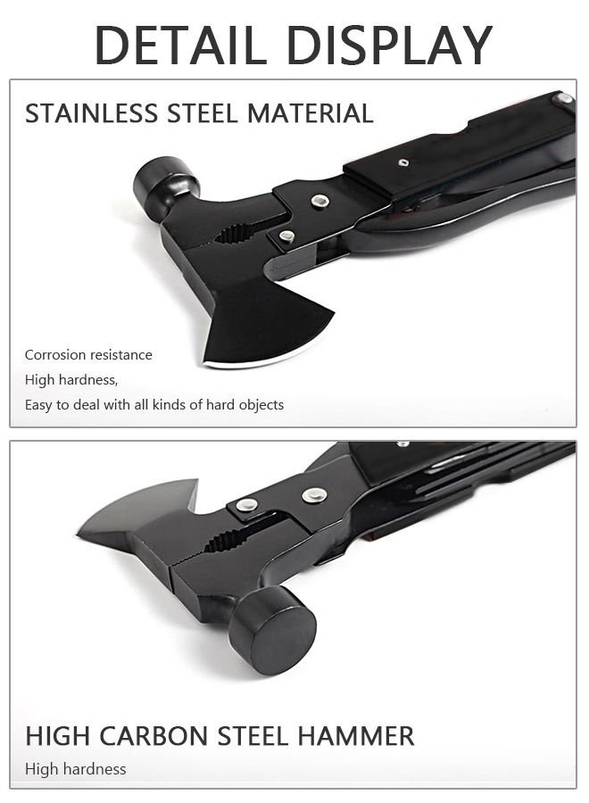 Multifunctional Camping Hammer Axe Hiking Emergency Survival Multitool 16 in 1 with Folding Mini Knife Saw Screwdrivers Hatchet Plier