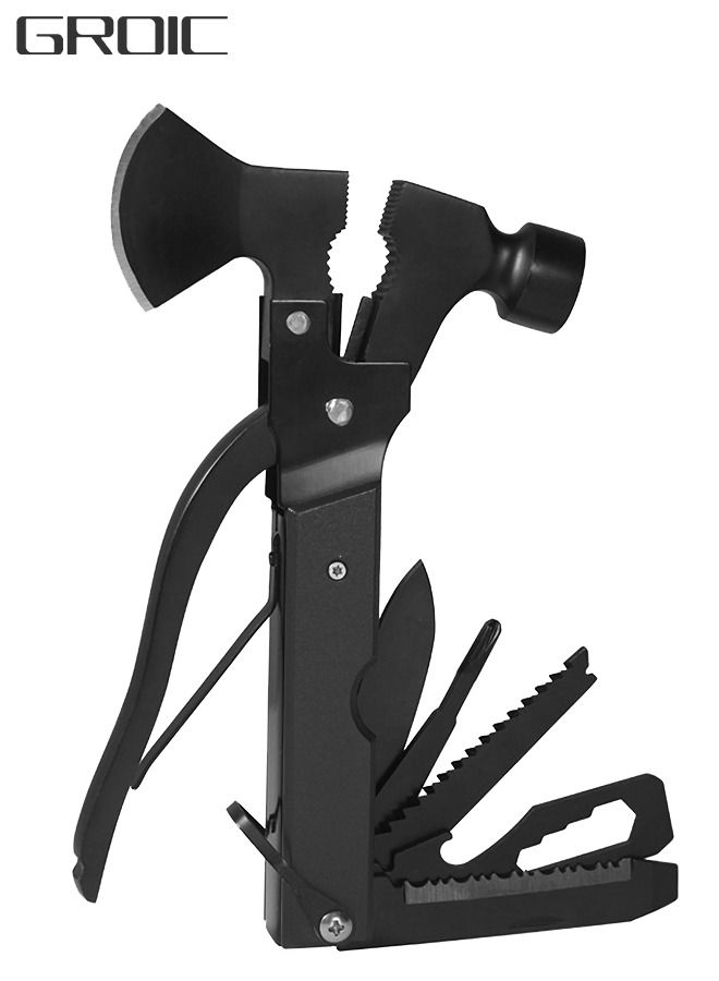 Multifunctional Camping Hammer Axe Hiking Emergency Survival Multitool 16 in 1 with Folding Mini Knife Saw Screwdrivers Hatchet Plier
